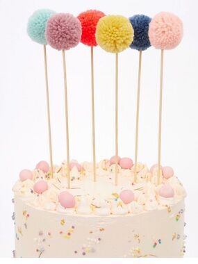 🔵 Party Perfect Pops of Color! SPRITZ Pom Pom CAKE TOPPERS - 6 Count NEW